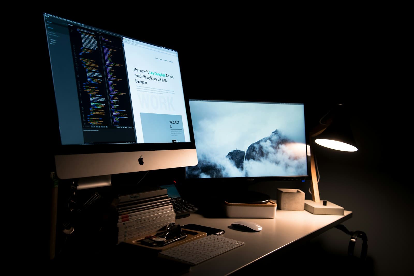 Developer workspace with code, website, and application preview screens.